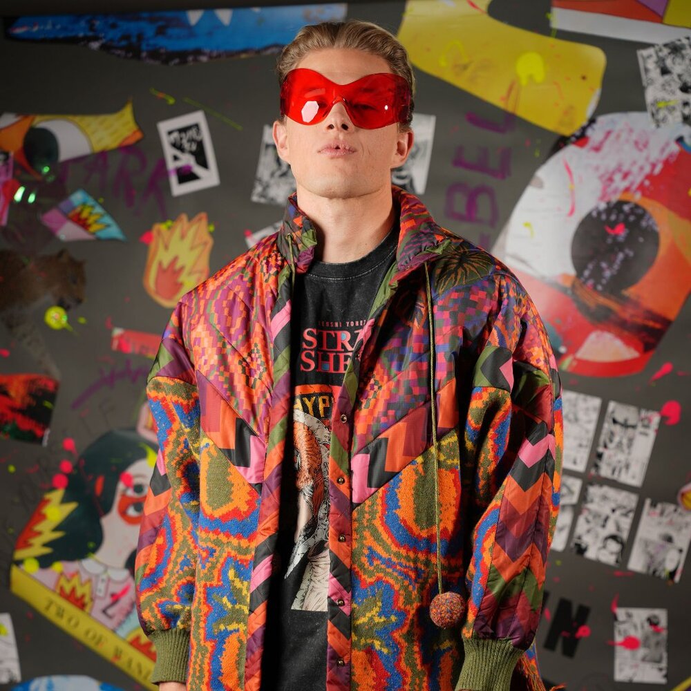 Farm Rio Patchwork Tapestry Puffer Coat – Unisex Statement Jacket, Size M